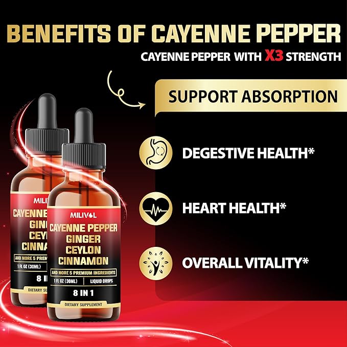 8in1 Cayenne Pepper Liquid Drops with Ginger, Ceylon Cinnamon, Turmeric Curcumin, Berberine - Digestion, Circulatory Heath Support - 2 Packs of 30ml