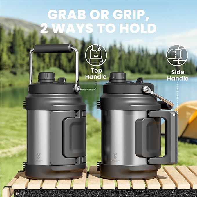 64 oz Insulated Water Bottle for Men: Meoky Triple Wall Vacuum Stainless Steel Half Gallon Water Jug - Top and Side Handles, 2-in-1 Straw and Spout Lid, Cold for 36 Hrs, Leak Proof for Sports (Silver)