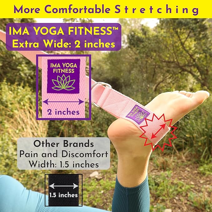 Adaptive Yoga Strap, Stretching Strap, 2 Inches Wide, 100% Naturally Soft Cotton, Steel D-Rings, Includes Natural Cotton Drawstring Storage Pouch and Instructional E-Book