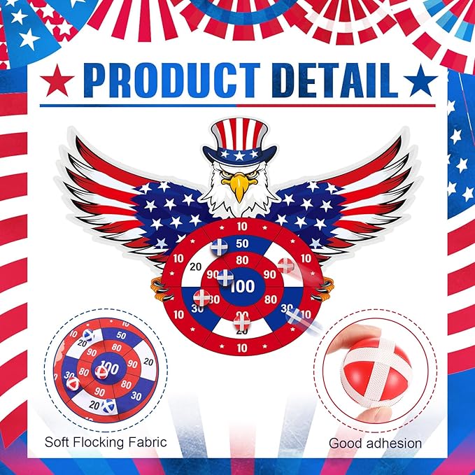 4th of July Games Set Patriotic Dart Board Games with 6 Sticky Balls Independence American Day Party Favor for Red White and Blue Party Throwing Indoor Outdoor Yard(Eagle)