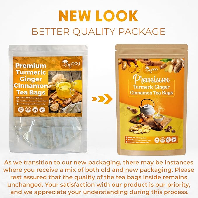 60 Bags Premium Turmeric Ginger Cinnamon Tea, Improve Digestion, Support Brain, Weight, Skin and Sleep, Eco-Conscious Tea Bags and Premium Natural Ingredients. Turmeric Ginger Herbal Tea. No Sugar, No Caffeine, No Gluten, Vegan.
