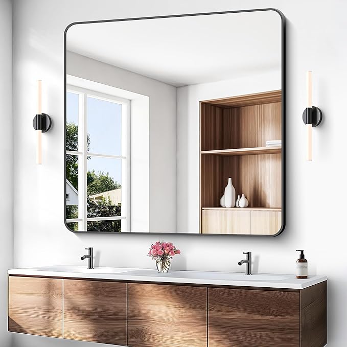 48x48 inch Bathroom Mirror,Black Rectangle Mirror,Wall Mounted Bathroom Frame Vanity Mirror with Round Corner for Bedroom Living Room,Entryway Hangs Horizontal or Vertical