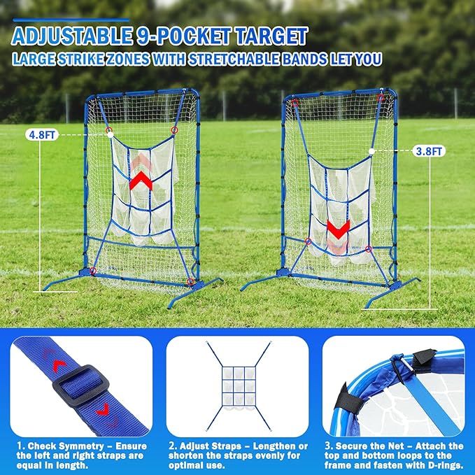 6FT Baseball Pitching net, 9-Pocket Pitcher Net with Strike Zone, Adjustable Height Target Throwing Trainer, Baseball Softball Practice Net with Carry Bag for Beginners/Professionals Outdoor Indoor