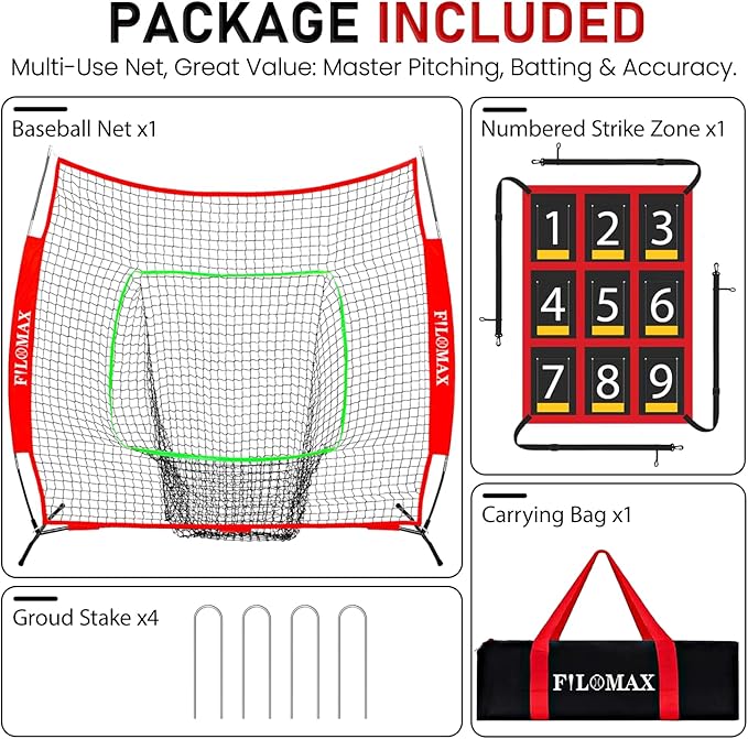 7x7 ft Baseball & Softball Practice Net with 9 Numbered Strike Zone | PRO Training Net for Hitting, Pitching & Batting | with Carry Bag, Bow Frame for All Ages & Skills