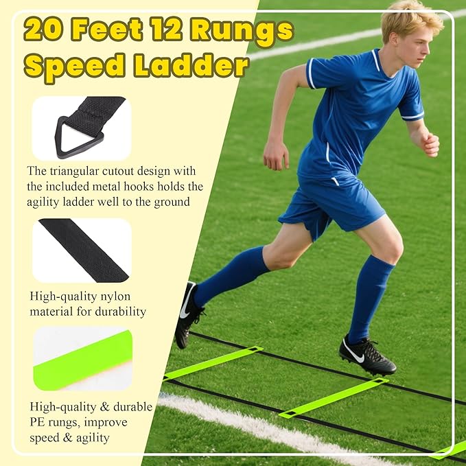 Agility Ladder, Agility Speed Training Set, 20ft 12 Rung Agility Ladder, 4 Agility Hurdles, 5 Resistance Bands, 12 Resistance Cones, Running Parachute, Jump Rope for Athletes, Adults