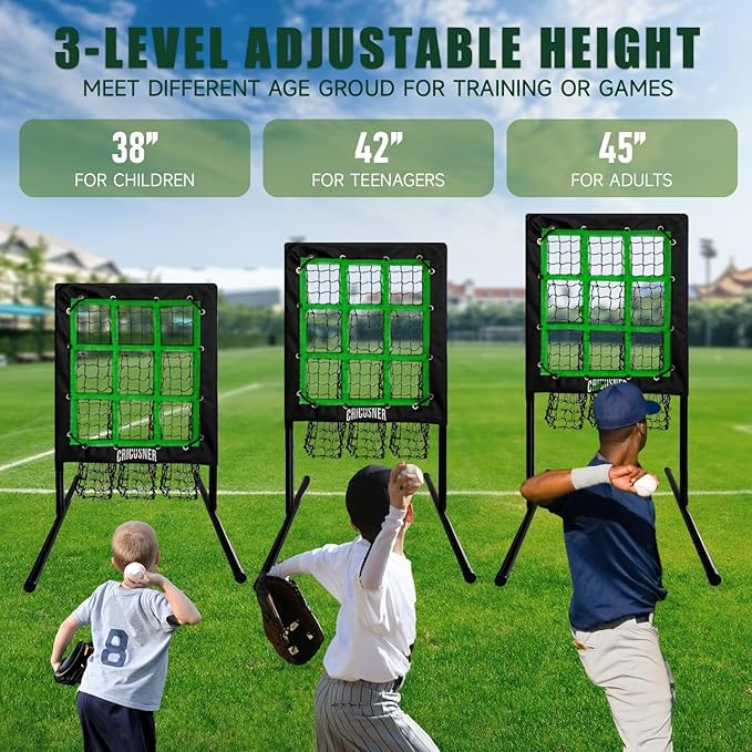 9 Hole Pitching Net, Heavy-Duty Baseball Net with Strike Zone for Pitching and Hitting, Height Adjustable Training Equipment with 9 Pocket Pitching Target for Baseball & Softball Practice