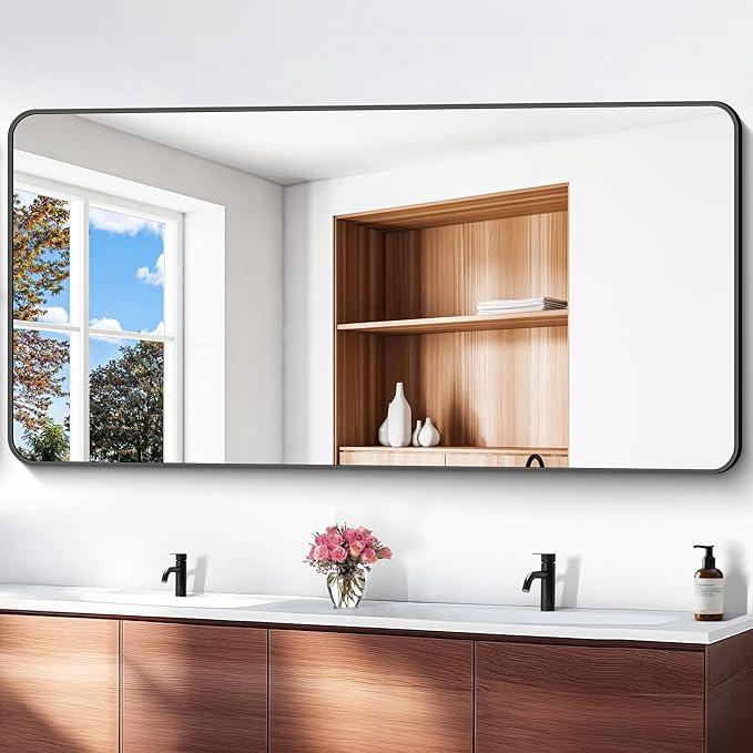 72x36 inch Large Bathroom Mirror,Black Rectangle Mirror,Wall Mounted Bathroom Frame Vanity Mirror with Round Corner for Bedroom Living Room,Entryway Hangs Horizontal or Vertical