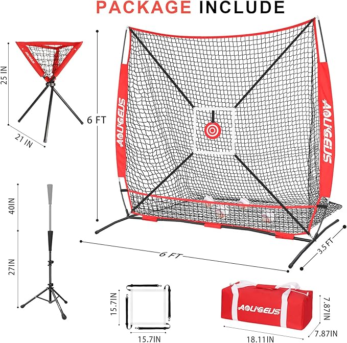 6'X6' Baseball Softball Practice Net with Batting Tee and Ball Caddy, Bonus Strike Zone Target and Bow Frame, for Hitting, Pitching, Catching
