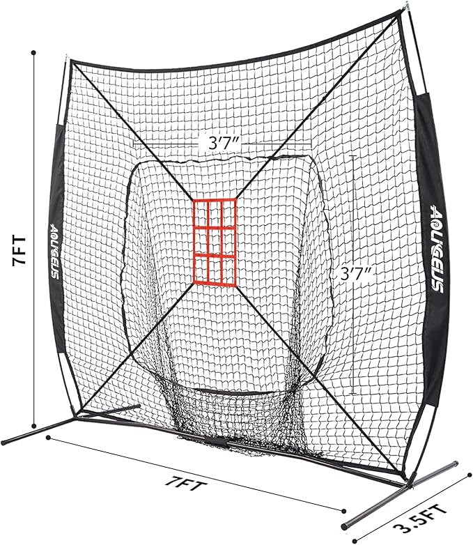 7'X7' Baseball Softball Practice Net,Pitching Net,Batting Net,with Baseball Tee,Bonus Strike Zone and Bow Frame,for Hitting,Pitching, Catching