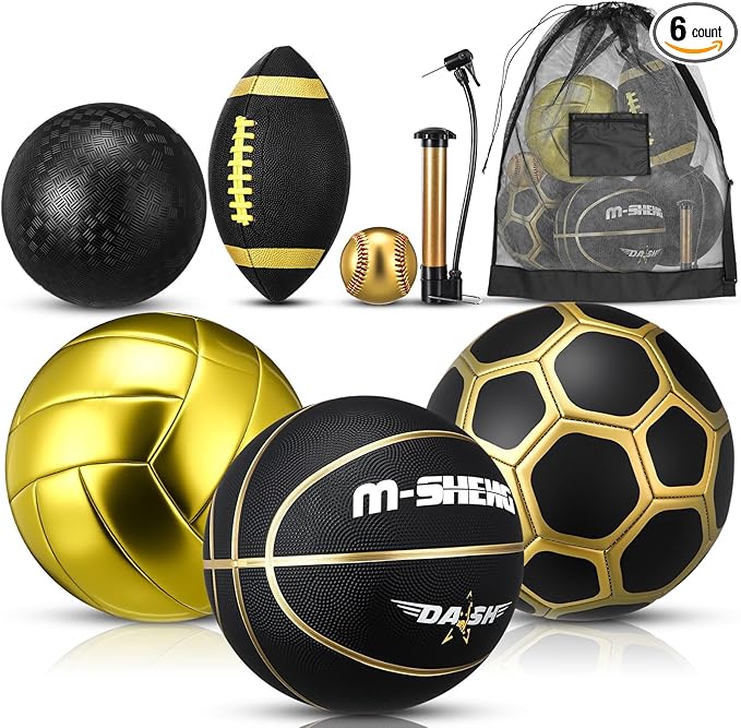 6 Pcs Multi Sport Ball Set Official Size Football, Basketball, Soccer, Volleyball, Playground Ball, Baseball with Equipment Bag Pump for Teen Adult Sport Gift Back to School