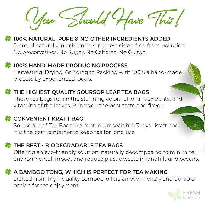 40 Premium Soursop Graviola Leaf Tea Bags, 100% Natural and Pure from Soursop Leaves, Handmade, Made With Natural Materials-Corn Fiber Tea Bag, Sugar/Caffeine/Gluten Free, Hoja Guanabana Tea