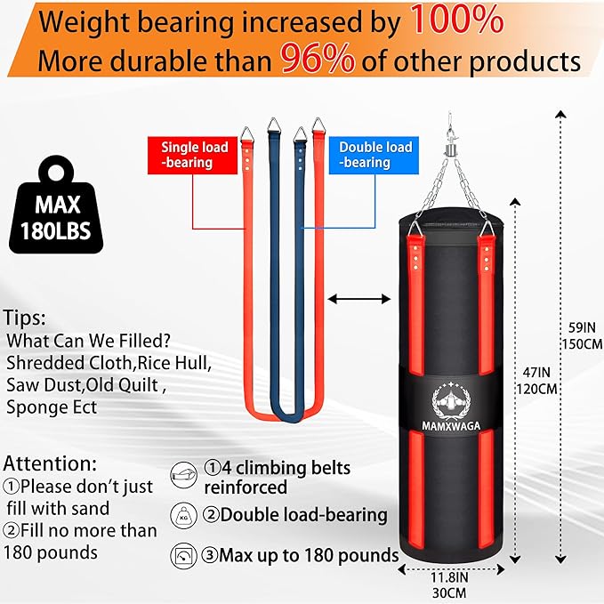 4FT Canvas Punching Bag for Adults, 2025 Upgraded Boxing Heavy Bag with 12oz Gloves for Kickboxing Muay Thai Max Load-Bearing 180 Lbs(Unfilled)