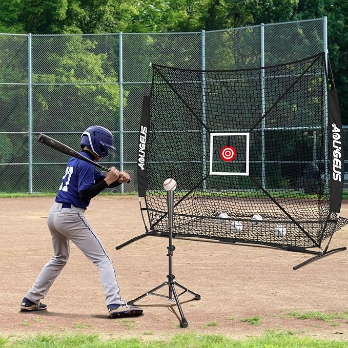 6'X6' Baseball Softball Practice Net with Batting Tee and Ball Caddy, Bonus Strike Zone Target and Bow Frame, for Hitting, Pitching, Catching