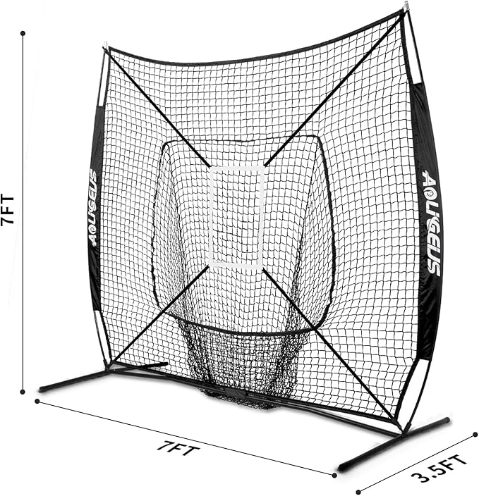 7'X7' Baseball Softball Practice Net,Pitching Net,Batting Net,with Baseball Tee,Bonus Strike Zone and Bow Frame,for Hitting,Pitching, Catching