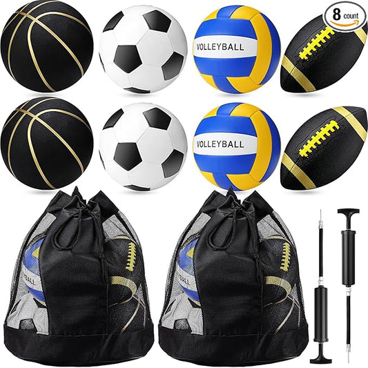8 Pcs Sports Balls Set Include Basketball Football Soccer Volleyball with 2 Sport Equipment Bags 2 Pumps for Teens Youth Adult Outdoor Operation Christmas Ball Gifts