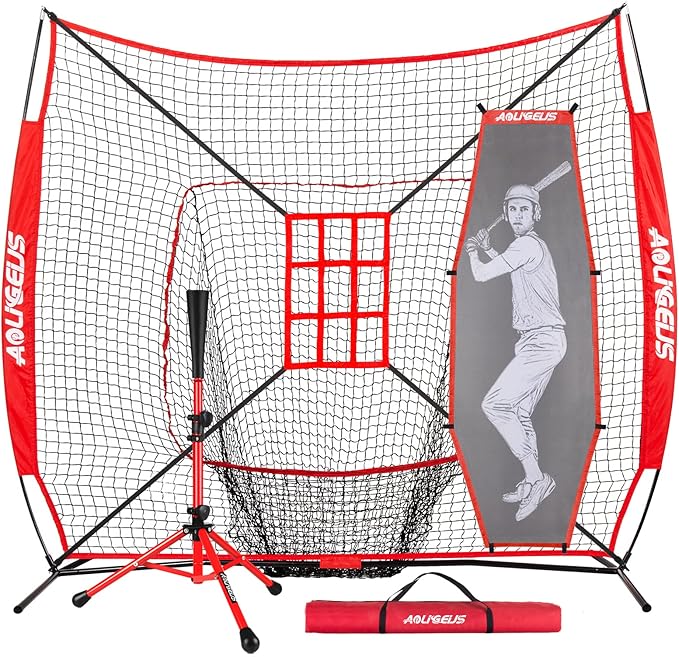 7'X7' Baseball Softball Practice Net,Pitching Net,Batting Net,with Baseball Tee,Bonus Strike Zone and Bow Frame,for Hitting,Pitching, Catching