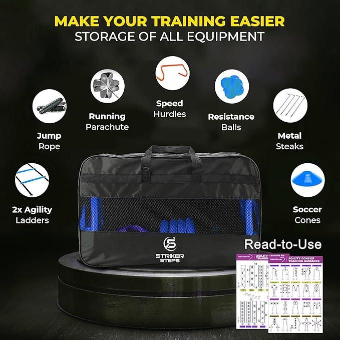 Agility Ladder Speed Training Equipment Set-2x 20ft Agility Ladder,12 Soccer Cones,4 Adjustable Hurdles, Jump Rope, Running Parachute| Basketball Football Soccer Training Equipment for Kids Adults