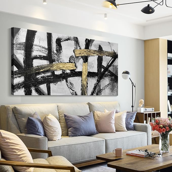 Abstract Living Room Wall Art - Large Black and White Gold Abstract Lines Bedroom Wall Decor Ink Dancing Canvas Prints Paintings for Dining Room Office Room Home Decor 29x58IN