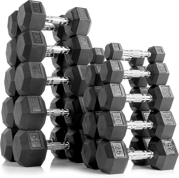 6-10 Pair Iron and Rubber Dumbbell Set 350/450 and 550 lbs 5-50 lbs Hand Free Weight for Strength Hex Coated Weights with Vertical Storage Rack Home Gym 5-50 lb - Black