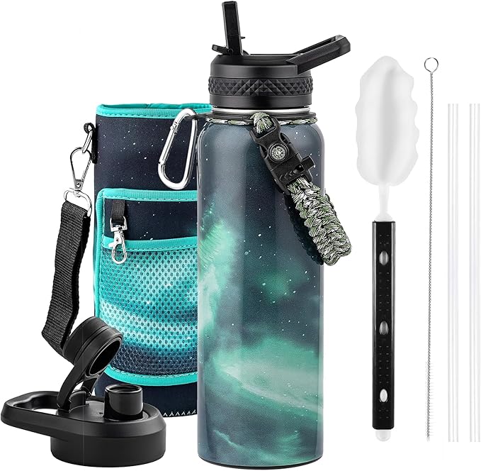 40oz Insulated Water Bottle, Triple Wall Vacuum Stainless Steel Water Bottles - Keeps Cold 48H, Reusable Metal water flask Jug for Gym, Sports, Camping, Hiking,Travel, Northern Lights Green