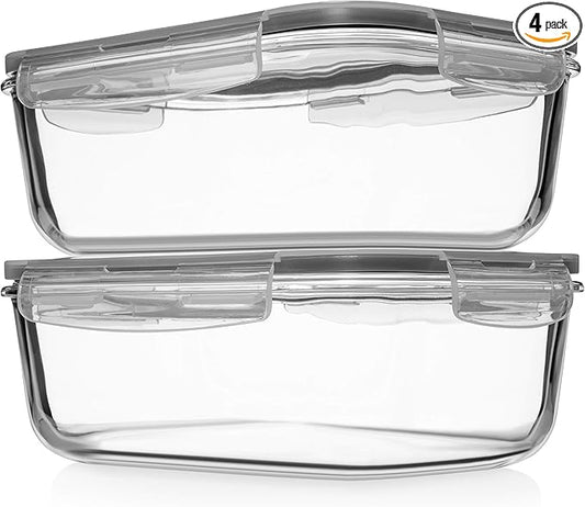 8 Cups/ 63 Oz 4 Piece (2 containers + 2 Lids) Large Glass Food Storage/ Baking Containers with Locking Lids . Ideal for Storing food, vegetables or fruits. BPA Free & Leak Proof -Microwave, Oven Safe