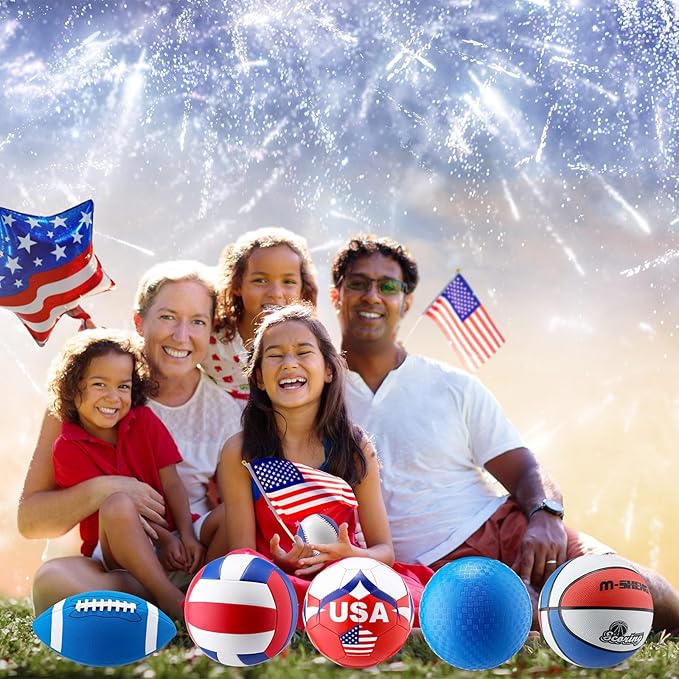 6 Pcs Multi Sport Ball Set Official Size Football, Basketball, Soccer, Volleyball, Playground Ball, Baseball with Equipment Bag Pump for Teen Adult Sport Gift Back to School