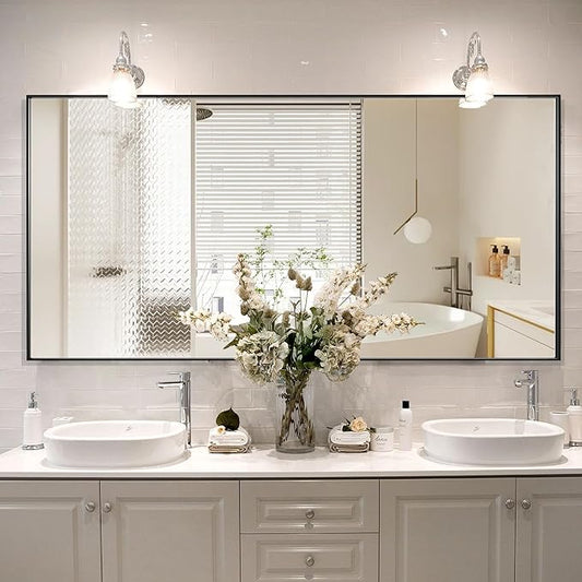 55x30 Inch Black Bathroom Mirror for Wall, Aluminum Frame Rectangle Rectangular Vanity Mirror, Modern Large for Bedroom, Living Room, Horizontal or Vertical