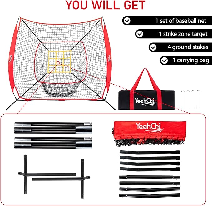 7×7FT Baseball net, Pitching net with Strike Zone Target, Baseball&Softball Practice net with Sturdy Bow Frame and Stable Base,Portable Practice net for All Ages and All Skilled Levels