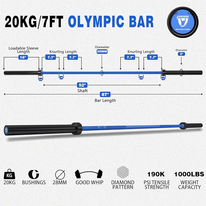 7ft Olympic Barbell for Strength Training and Olympic Weightlifting, 500 700 1000LBS Capacity Available, 2 Inch Bar for Squats, Home Gym Fitness Equipment, Bench Press, Deadlift,Powerlifting