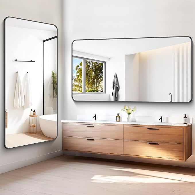 72x36 inch Large Bathroom Mirror,Black Rectangle Mirror,Wall Mounted Bathroom Frame Vanity Mirror with Round Corner for Bedroom Living Room,Entryway Hangs Horizontal or Vertical