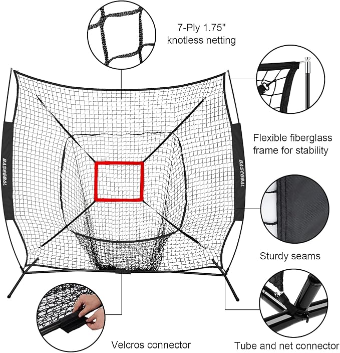 7'×7' Baseball Softball Practice Net,Baseball Backstop,with Batting Tee,Ball Caddy,for Hitting Pitching Batting Catching with Bow Frame,Bonus Strike Zone,Portable and Foldable