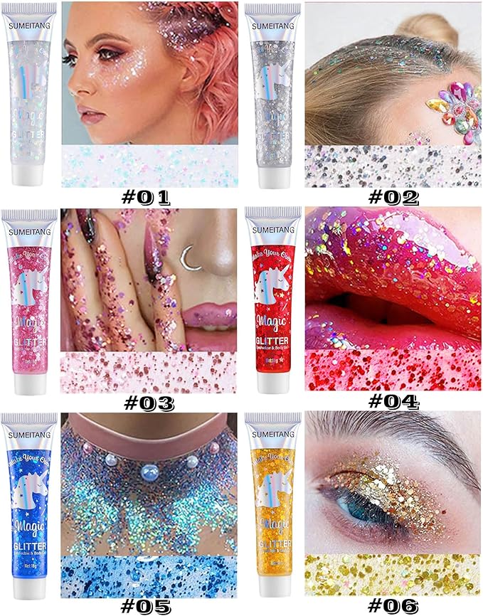 6PCS Red Face Body Glitter Gel，Holographic Chunky Sequins Body Glitter Paint for Party Singer Concerts Music Festival Rave Accessories for Girls Women Face Body DIY Sparkling Makeup