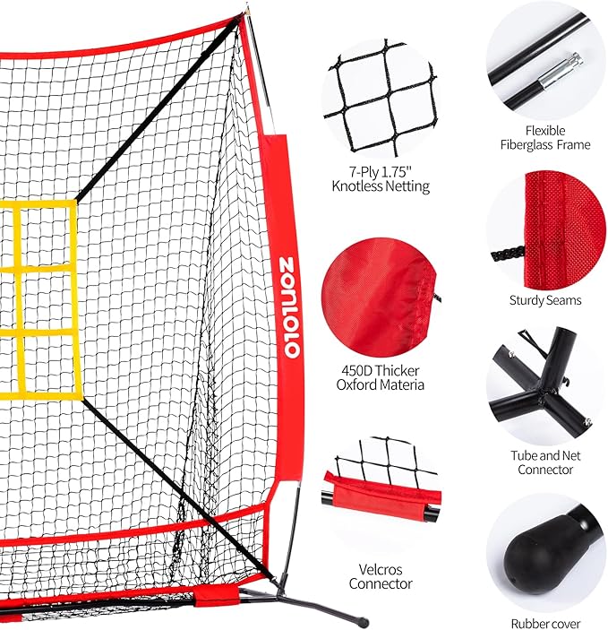 6x6ft Baseball & Softball Net for Hitting,Pitching and Batting, Throwing,Baseball net with Sturdy Bow Frame,Battting Tee,Strike Zone, Middle Size,Suitable for Kids!