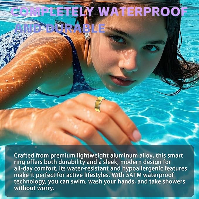 Activity Tracker Ring for Men Women – Smart Health Ring with Heart Rate, SpO2, Blood Pressure, Sleep Monitoring, Step & Calorie Counter, 5ATM Waterproof, No Subscription Fee (Gold 9)