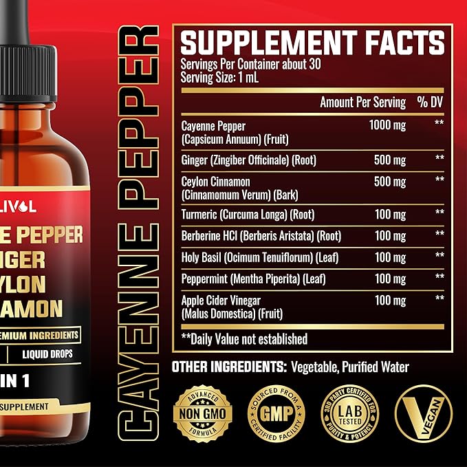 8in1 Cayenne Pepper Liquid Drops with Ginger, Ceylon Cinnamon, Turmeric Curcumin, Berberine - Digestion, Circulatory Heath Support - 2 Packs of 30ml