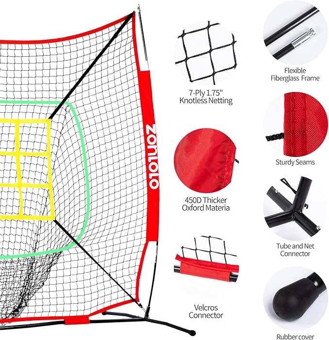 6x6ft Portable Baseball & Softball Net for Hitting，Pitching and Throwing, with Sturdy Bow Frame,Battting Tee,Ball Caddy and 2 Strike Zones, Perfect Pitching net for Kids!