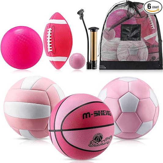 6 Pcs Multi Sport Ball Set Official Size Football, Basketball, Soccer, Volleyball, Playground Ball, Baseball with Equipment Bag Pump for Teen Adult Sport Gift Back to School