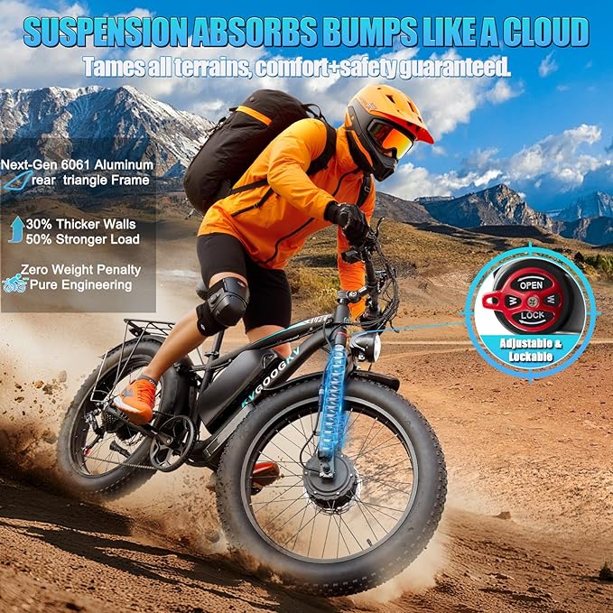 6000W Peak Electric Bike for Adults,58V Max-Output 1856Wh Dual Motor Ebike,47MPH 105Miles Range,24" x4.0 Fat Tire Hydraulic Disc Brake Front Fork Suspension E-Bike for Off-Road Mountain Snow Commuter