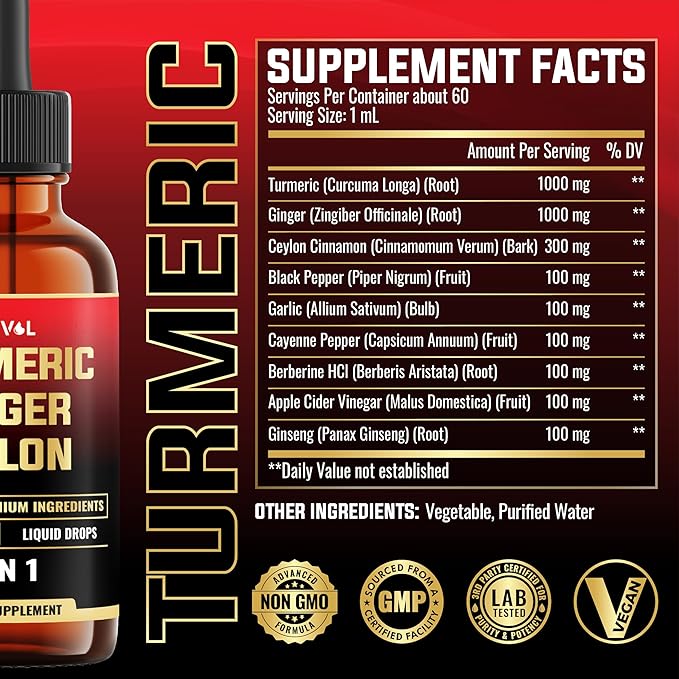 9in1 Liquid Turmeric Curcumin with Ginger, Berberine, Ceylon, Garlic, Black Pepper for Joint Support - 2FL Oz - 60 Servings