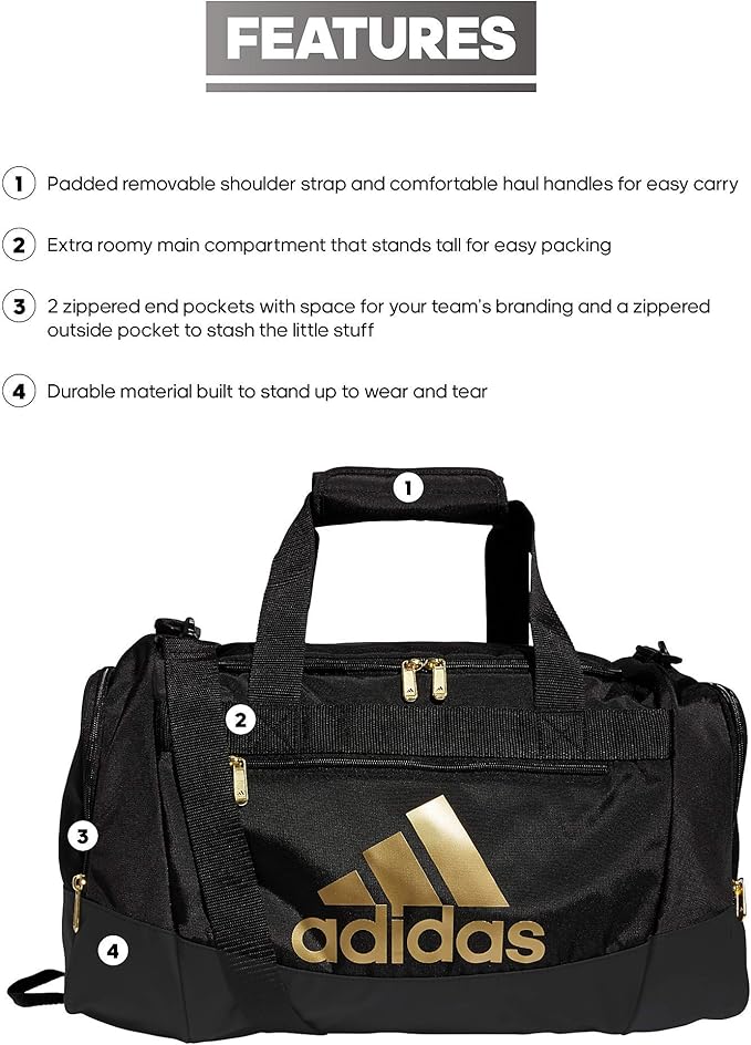adidas Unisex Defender 4.0 Gym Duffel Bag for Men and Women, Black/Gold Metallic, Small (38L)