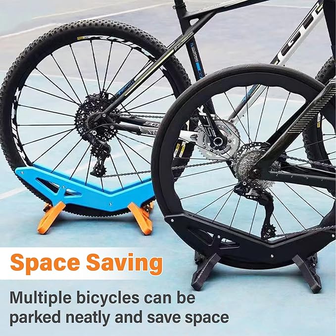 Adjustable Bike Parking Stand Fits 16-29 Inch Bicycles, Compatible with 23c-3.0 Tire Width – Heavy-Duty Plastic, Easy Installation, Stylish Two-Tone Design (Blue&Orange(2 Pack))