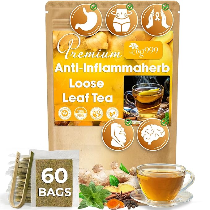 60 Tea Bags - Anti-Inflammaheb Loose Leaf Tea, 100% Natural from Ginger, Turmeric, Peppermint, Black Pepper, Cinnamon. Made with Natural Material Tea Bags. No Sugar, No Caffeine, No Gluten, Vegan. (60 Tea Bags)