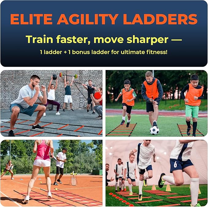 Agility Ladder Speed Training Equipment Set-2x 20ft Agility Ladder,12 Soccer Cones,4 Adjustable Hurdles, Jump Rope, Running Parachute| Basketball Football Soccer Training Equipment for Kids Adults