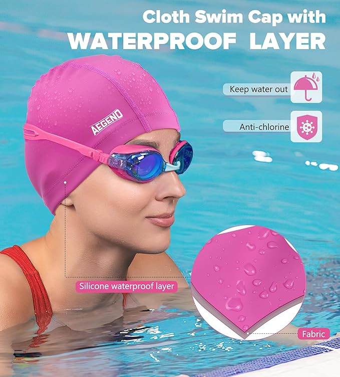 Aegend Fabric Swim Cap, Silicone Waterproof Layer - Breathable Cloth Swimming Cap, Keep Hair Dry with Hight Elasticity for Youth(8-16) Adult, 2 Sizes to Choose
