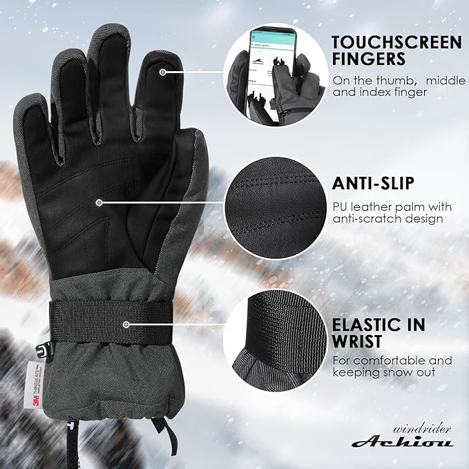 Achiou Ski Gloves,Winter Cold Weather Gloves for Men Women,Waterproof Touchscreen Snow Mittens