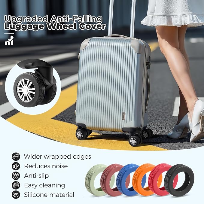 8 Pcs Upgrade Luggage Wheel Covers, Carry On Luggage Suitcases,Wear-Resistant, Anti-Noise, Silicone Wheel Protective Covers for 2-2.4" Spinner Wheel,Essential Travel Accessories (Black)
