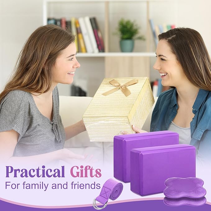 5 Pcs Yoga Blocks Knee Pads Yoga Strap Set Soft Premium Foam Blocks Accessories for Pilates Meditation General Fitness Stability, Kneeling, Balance, Deepen Stretches and Toning