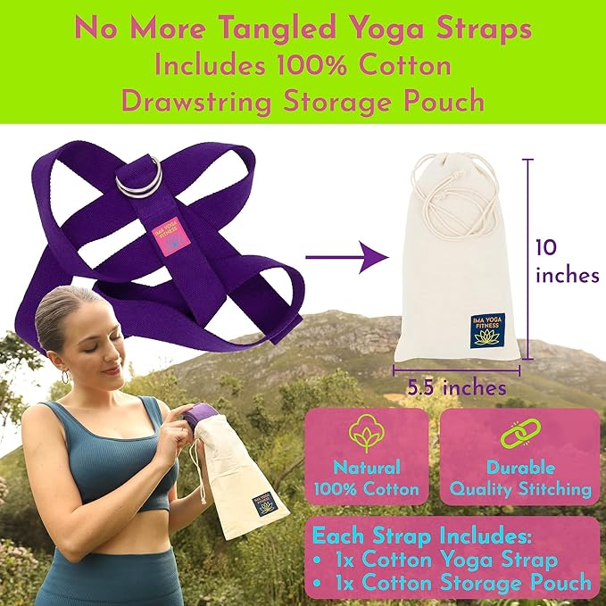 Adaptive Yoga Strap, Stretching Strap, 2 Inches Wide, 100% Naturally Soft Cotton, Steel D-Rings, Includes Natural Cotton Drawstring Storage Pouch and Instructional E-Book