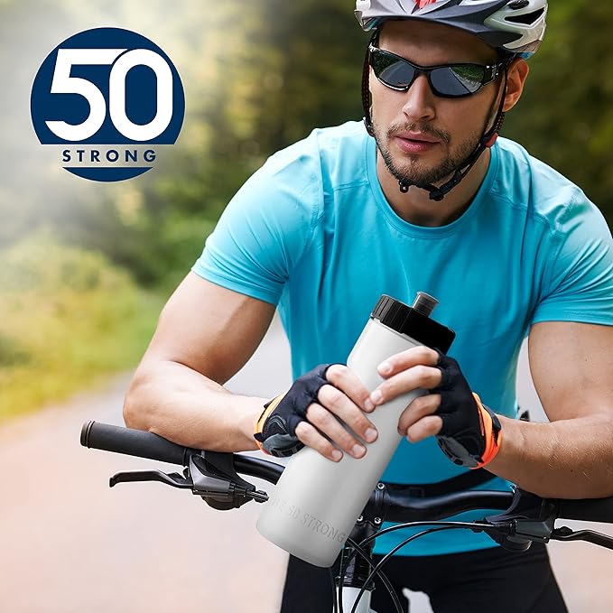 50 Strong Sports Water Bottles – Reusable 22 oz BPA-Free Plastic Bottles with Pull Top Cap – Made in USA – Top Rack Dishwasher Safe – Fits Most Bike Cages Brand