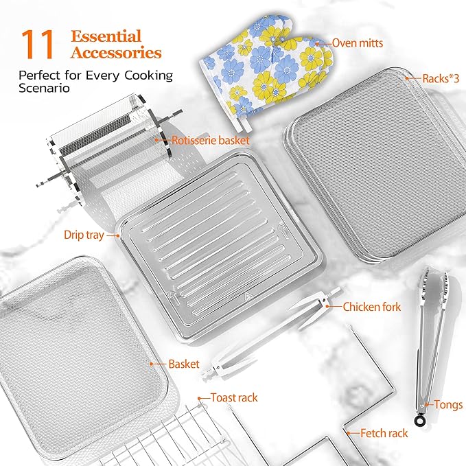 Air Fryer Oven Large 20 QT, 10-in-1 Toaster Oven Air Fryer Combo with Window for Family, Airfryer Oven with Rotisserie, 3 Dehydrating Racks